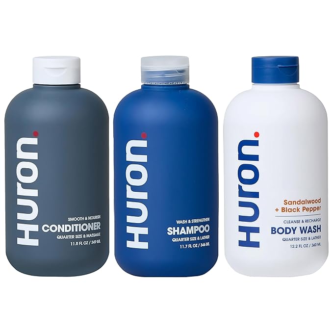Huron Shower Kit - Shampoo, Conditioner, & Body Wash For Men - Sandalwood + Black Pepper Scent - Hydrating & Nourishing Men's Shampoo & Conditioner-VivaGrace Women