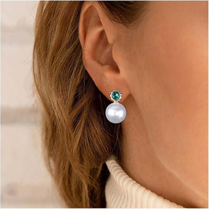 Vintage Emerald Pearl Earrings Gold Pearl Drop Earrings Green Emerald Studs Earrings Rhinestone Pearl Emerald Earrings Jewelry for Women-VivaGrace Women