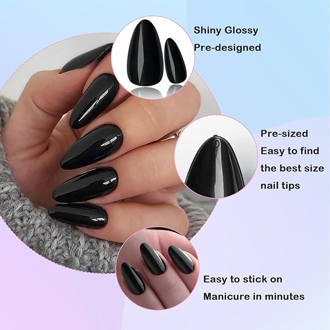 LoveOurHome 240pc Almond Press on Nails Medium Black Fake Nail Tips Full Cover Glue Almond Acrylic Nails Press ons Nail Short Stiletto False Artificial Fingernail & Glue Adhesive Tabs for Women Girls