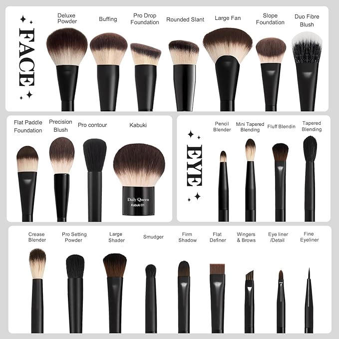 25 pcs Makeup Brush Set Holder Black Professional Kabuki Powder Concealers Eye shadows Blush Eyeliner Eyebrow Contour Eye blending Brushes (25pcs brush with box)-VivaGrace Women