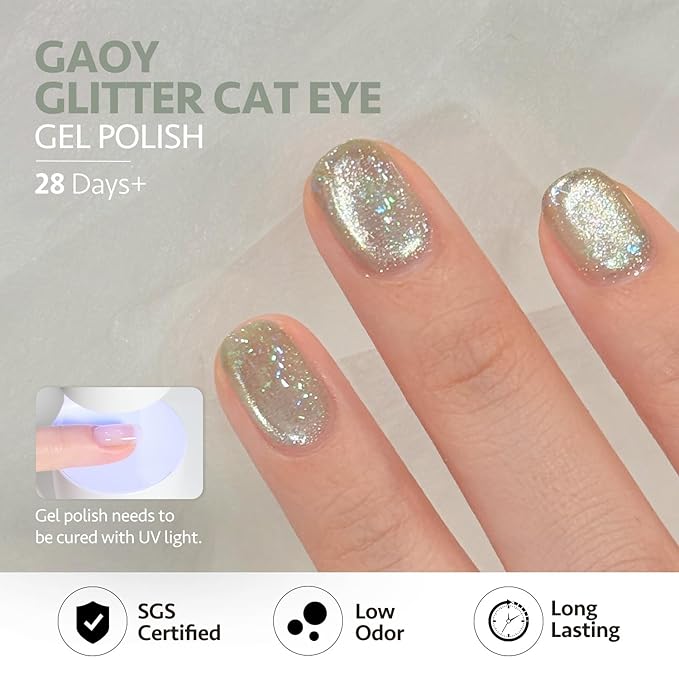 GAOY Unique Cat Eye Gel Polish Kit with Magnet, 6 Colors Glitter Nail Polish Set, Summer Nail Art, Soak Off UV Cure Gel for DIY Manicure at Home and Salon