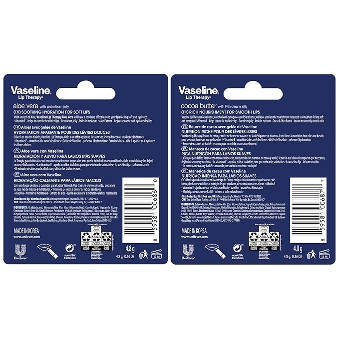 Vaseline Lip Therapy Variety 4-Pack – Cocoa Butter + Aloe Vera Moisturizing Lip Balm with Vitamin E, 0.16 Oz Ea-VivaGrace Women