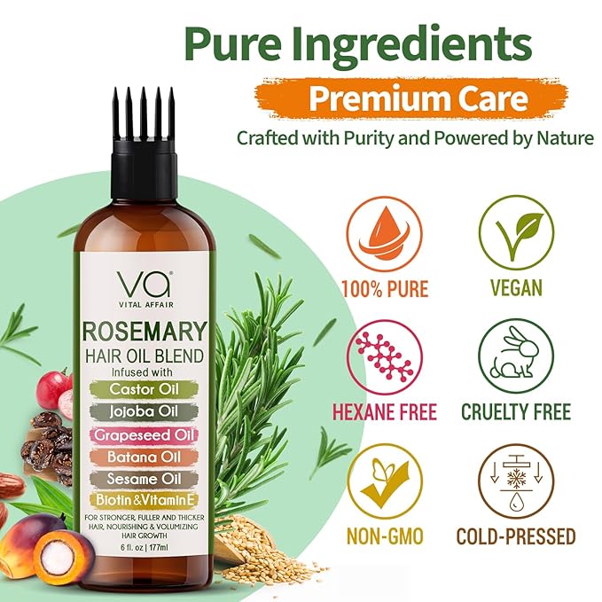 Blend Of Pure Rosemary Oil For Hair Growth With Castor, Batana, Jojoba Oil-Infused With Biotin & Vitamin E-Blend of Effective Hair Oils for Hair Growth-Strengthening Treatment 6 Fl Oz-VivaGrace Women