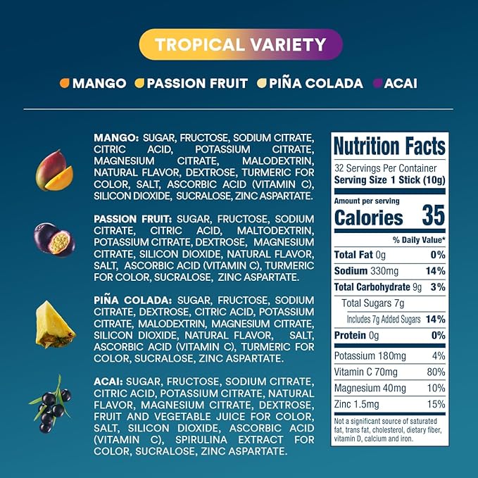DripDrop Hydration Packets - Tropical Variety Pack - Single Serve Electrolytes Powder Drink Mix - Mango, Açaí, Passion Fruit, Piña Colada - Non-GMO, Gluten Free, Vegan - 32 Sticks-VivaGrace Women