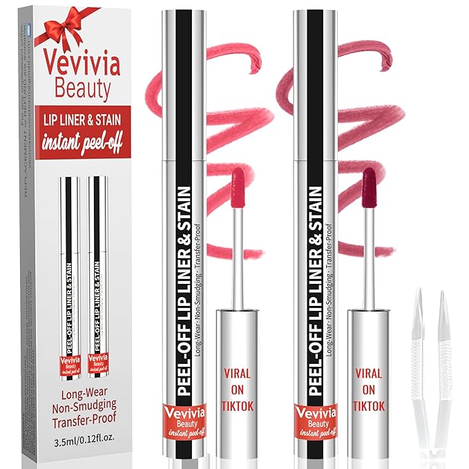 2pcs Lip Stain Peel Off - Lip Liner Stain Long Lasting Waterproof,2-in-1 Lip Liner with Tweezer Nude Matte,Non-Stick Cup,Highly Pigmented,Natural Finish,Stay On All Day,Perfect for Gift (Nude+Mauve)-VivaGrace Women