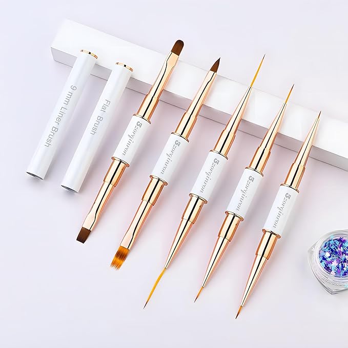 Nail Art Bushes Set, Professional 5Pcs Double-Ended Nail Brush Kit for Details, Long Lines, Ombre & 3D Design-Perfect for DIY Manicures & Salons (White)-VivaGrace Women