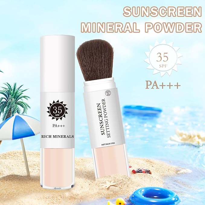 Mineral Sunscreen Setting Powder Mineral Brush Powder SPF 35 PA+++ Oil Control Matte Effect Lightweight Breathable Translucent Powder Setting Powder Sunscreen Makeup for Face with Brush-01 Translucent-VivaGrace Women