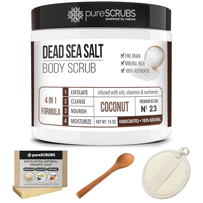 pureSCRUBS Premium Coconut Body Scrub Set - Large 16oz Dead Sea Salt Body Scrub With Infused Essential Oils & Nutrients, Includes Wooden Spoon, Loofah & Oatmeal Exfoliating Bar Soap-VivaGrace Women