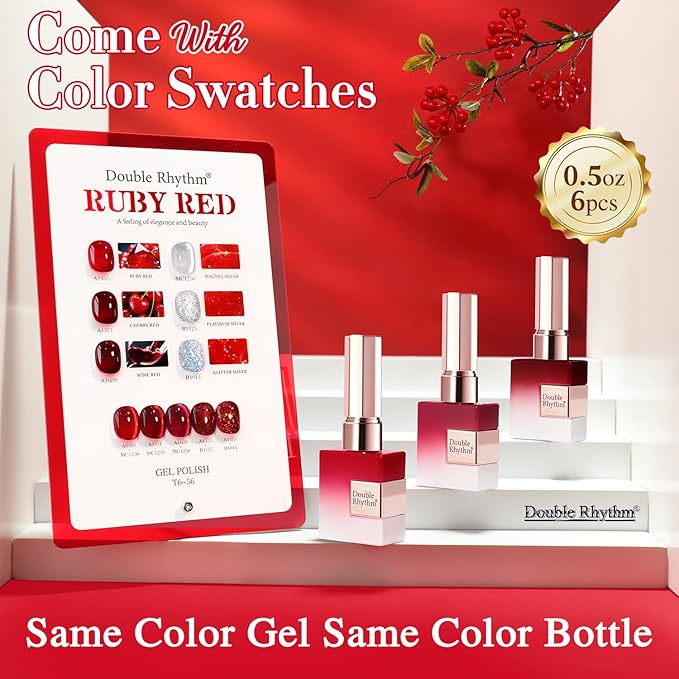 Double Rhythm 6 Pcs 15 ML Gel Polish Set Same Color Same Bottle Soak Off Gel Polish Kit Nail Art Manicure Salon DIY at Home for Women (Jelly Burgundy Red Glitter Silver -T6-56)-VivaGrace Women