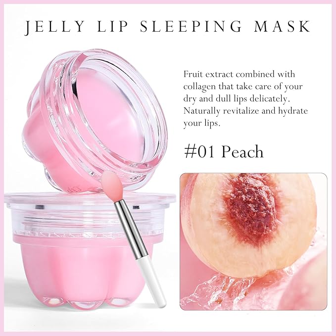 2Pc Jelly Lip Mask Overnight,Fruity Peach Lip Sleeping Mask Day Night Repair Kawaii Lip Balm Hydrate Plump Dry Lip Scrubs Exfoliator,Lip Care Lip Moisturizer with Collagen-Peach-VivaGrace Women