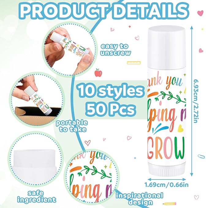 Dunzy 50 Pcs Thank You Gift Lip Balm Bulk Baby Shower Party Favors Bridal Shower Favor Lip Care with Assorted Fruit Flavors Thank You Lipstick for Guest Basket Gift Stuffer (Teacher)-VivaGrace Women