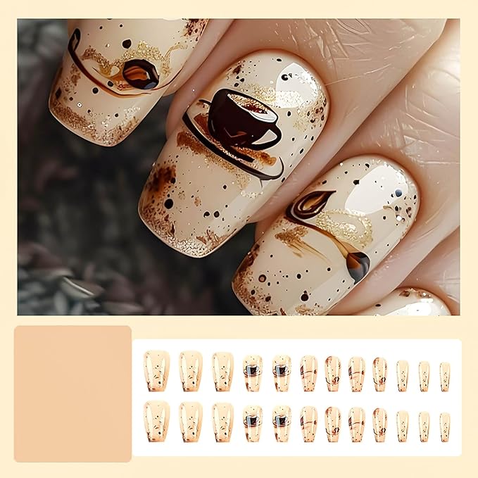 Coffin Press on Nails Short Fake Nails Fall Winter False Nails with Designs Glue on Nails Short Nail Press ons Sparkly Artificial Nails Cute Stick on Nails for Women 24Pcs