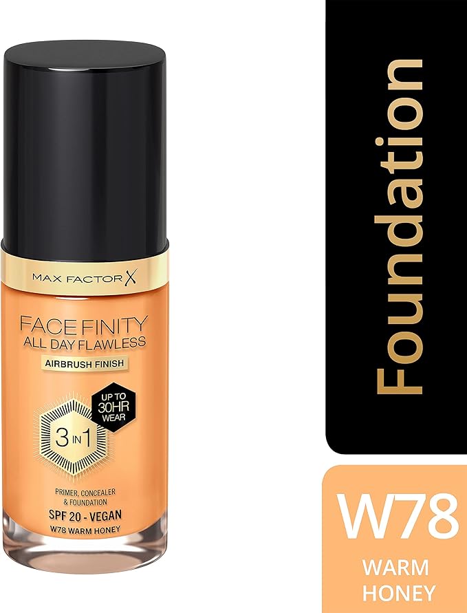 Max Factor Facefinity 3-in-1 All Day Flawless Liquid Foundation, SPF 20-78 Warm Honey, 30 ml-VivaGrace Women