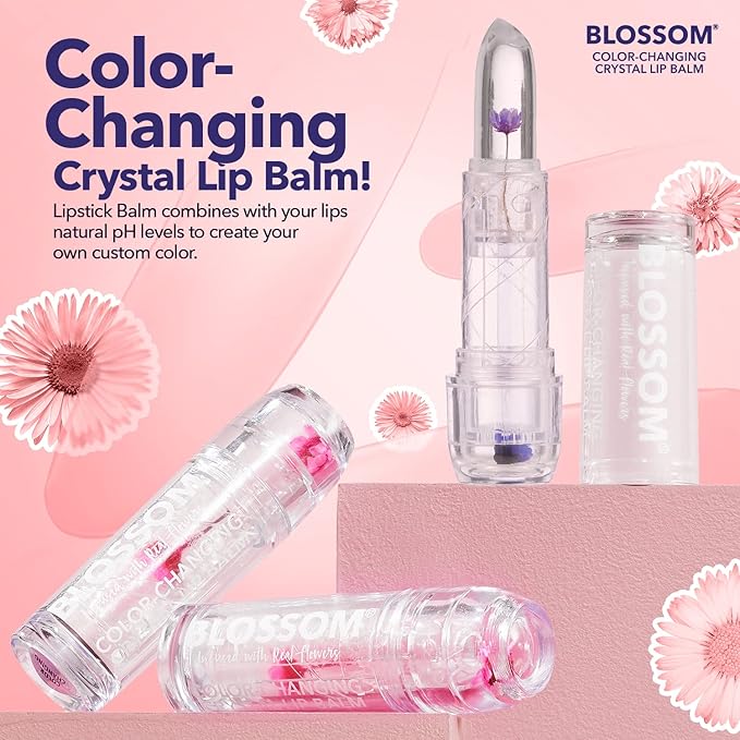 Blossom Moisturizing Custom Color Changing Crystal Lip Balm, Strawberry Scented, Lip Stain Tint, Infused with Real Flowers, 3g, Purple-VivaGrace Women