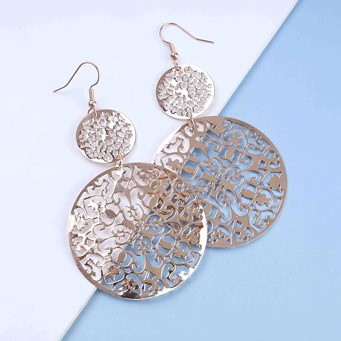 Filigree Hollow Disc Dangle Drop Earrings Boho Gold Ethnic Carved Flower Earrings Double Round Disc Drop Earrings Statement Hook Earrings Wedding Bridesmaid Jewelry for Women and Girls-VivaGrace Women