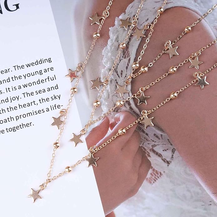 Vintage Layered Star Dangle Necklace Star Pendant Necklace Tiny Star Necklace Gold Bead Chain Necklace Jewelry for Women-VivaGrace Women