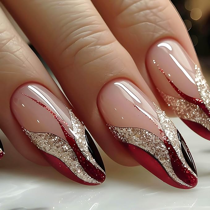 Press on Nails for Women,Almond Press on Nails French Tip Fake Nails Medium False Nails with Gold Glitter Designs Full Cover Glue on Nails Sparkly Artificial Nails Cute Stick on Nails 24Pcs