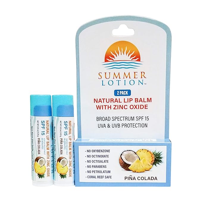 Natural Lip Balm with Zinc Oxide Sunblock by Summer Lotion, SPF 15 Lip Sunscreen 2-Pack, Water Resistant Chapstick, SPF Lip Protection for Everyone, (Pina Colada)-VivaGrace Women