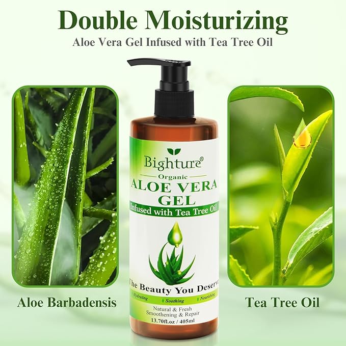 Aloe Vera Gel with Tea Tree Oil for Face, Skin, Hair, Sunburn relief, Organic Aloe Vera Gel from Freshly cut 100% Pure Aloe,13.7oz-VivaGrace Women