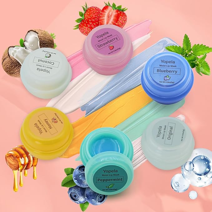 6 Pack Cute Lip Mask Sleeping Overnight for Dry Lips with Coconut Oil and Beeswax -Smoothing Hydrating Softening Plumoing Moisturizing with Small Lip Brush 6 Flavors 0.18 oz-VivaGrace Women