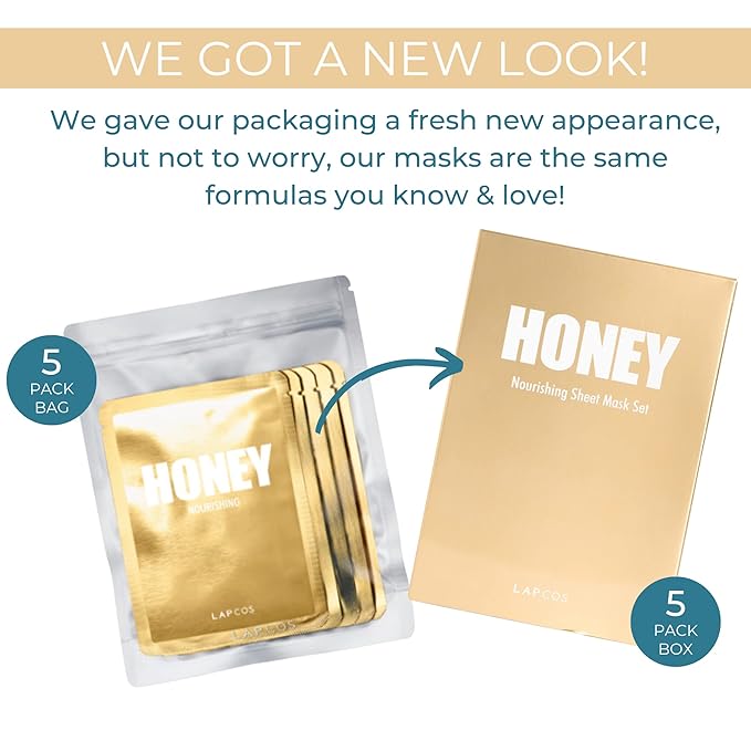 LAPCOS Honey Sheet Mask, Daily Face Mask with Hyaluronic Acid and Antioxidants to Hydrate and Tighten Dry Skin, Korean Beauty Favorite, 5-Pack-VivaGrace Women