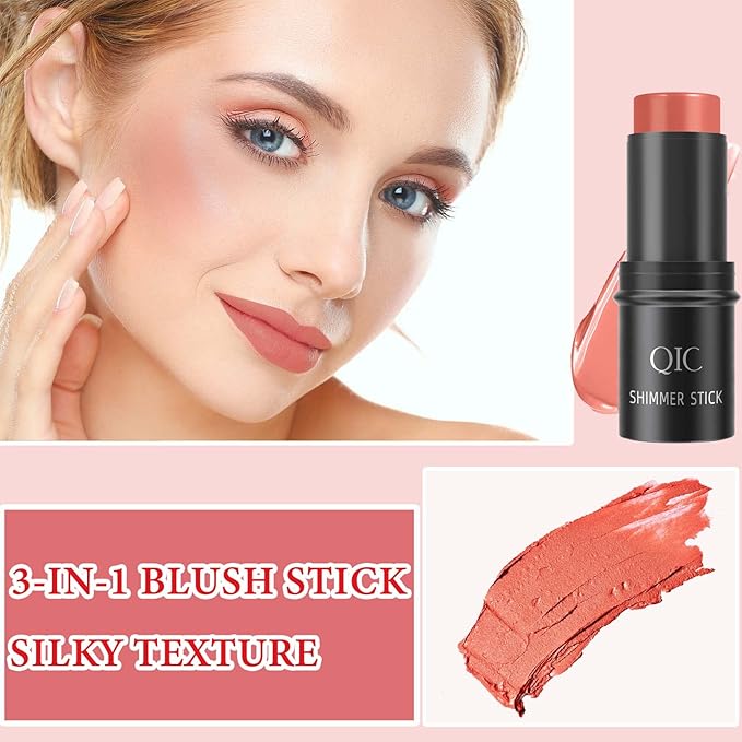 Cream Contour Blush Stick,Long Lasting Waterproof Blush Stick for Cheeks&Lips Multipurpose Face Highlighting Concealing Cream,Shimmer Contour Stick Makeup for Women(Rose Red)-VivaGrace Women