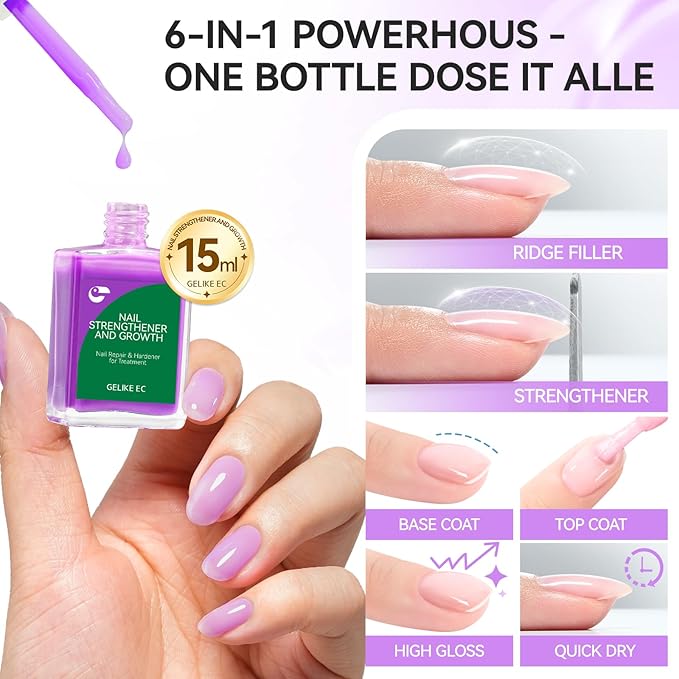 gelike ec Nail Growth Oil and Strengthener Polish: Lavender Haze 15ml 6 in 1 Natural Hardener - Long Lasting Nail Polish Hardener Extra Strong and Growth for Daily Work Home Salon