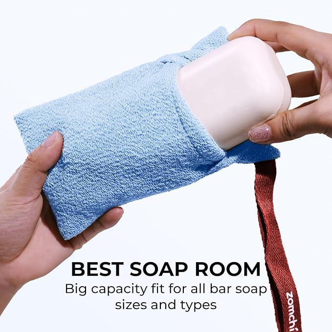ZOMCHI 2 Pieces Soap Bags for Soap Bars with Different Roughness, Exfoliating Soap Saver Bags, Soap Pouch for Body Wash (Blue)