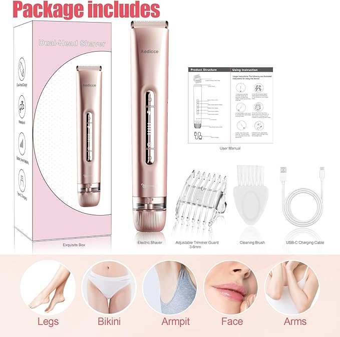 Bikini Trimmer for Women 2 in 1, Dual Head Womens Electric Shaver, Electric Razors for Pubic Hair, IPX7 Waterproof Rechargeable Facial Hair Removal for Shaving Underarm Leg Arm Body Face, Rose Gold-VivaGrace Women