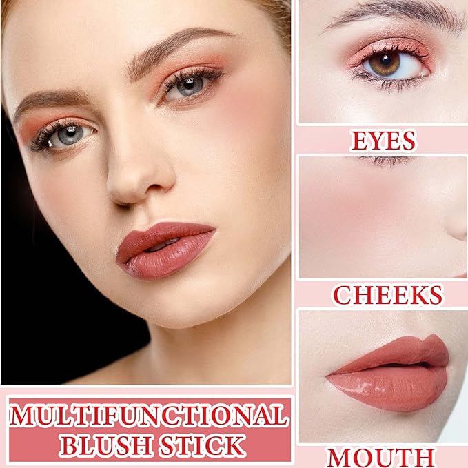 Cream Contour Blush Stick,Long Lasting Waterproof Blush Stick for Cheeks&Lips Multipurpose Face Highlighting Concealing Cream,Shimmer Contour Stick Makeup for Women(Rose Red)-VivaGrace Women