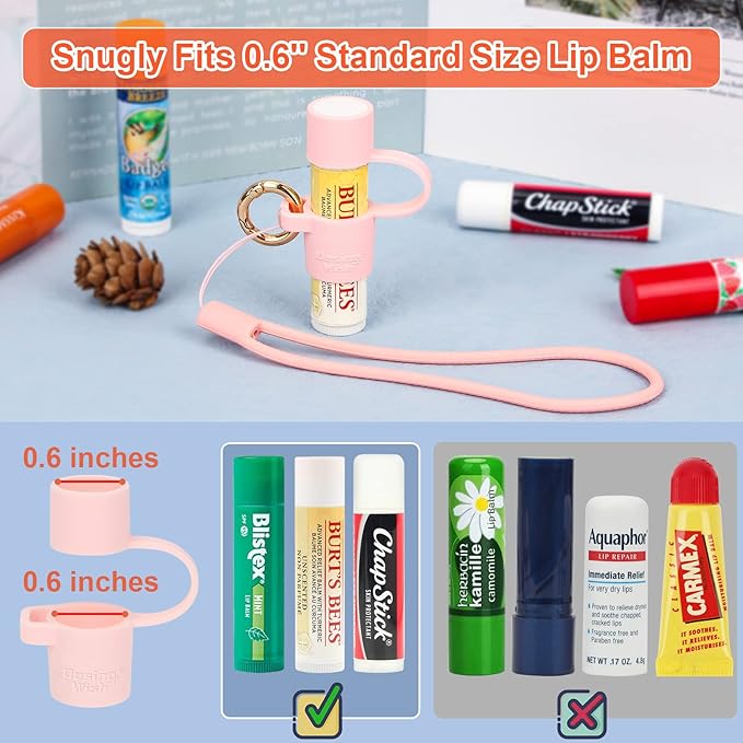 Desing Wish Silicone Lip Balm Holder with Cap Cover Portable Chapstick Holder Keychain Sleeve Lip Balm Key Chain with Key Ring and Wrist Strap Lanyard - Pink-VivaGrace Women