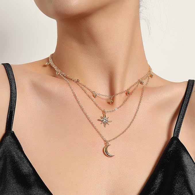 Bohemia Layered Star Choker Necklace Crescent Moon Pendant Necklace Chain Crystal Star Choker Necklace Gold Moon Necklace Jewelry for Women and Girls-VivaGrace Women