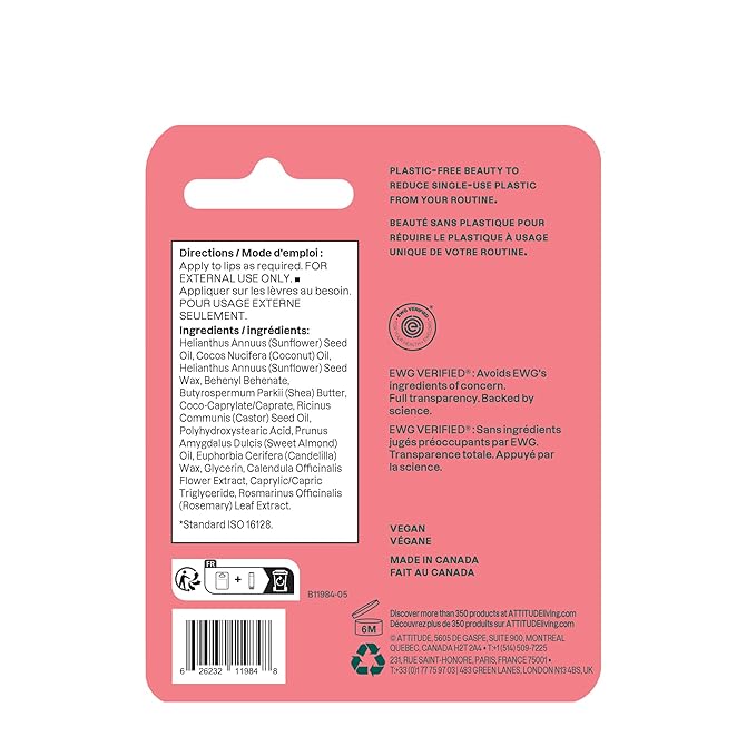 ATTITUDE Plastic-free Lip Balm, EWG Verified Plant- and Mineral-Based Ingredients, Vegan and Cruelty-free Personal Care Products, Watermelon, 0.3 Oz-VivaGrace Women