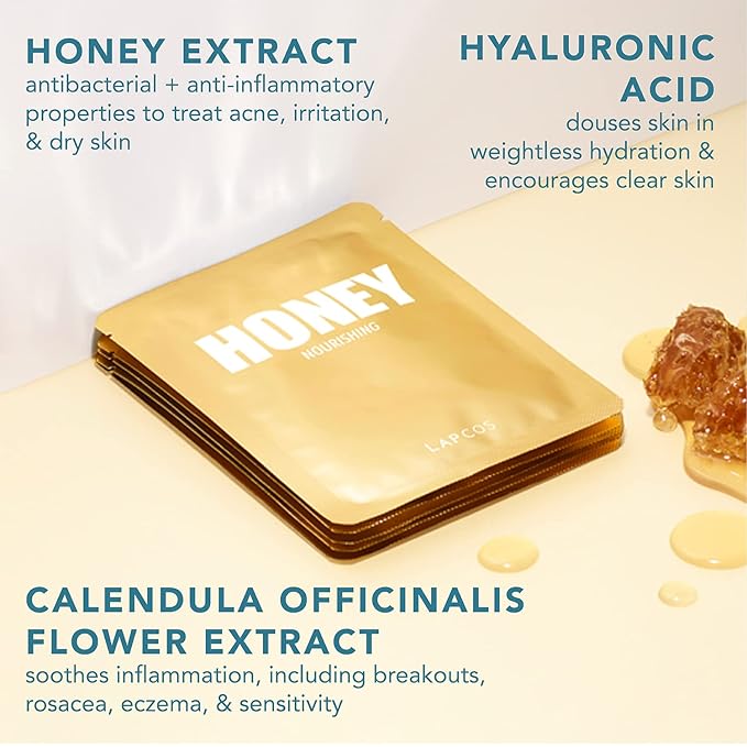 LAPCOS Honey Sheet Mask, Daily Face Mask with Hyaluronic Acid and Antioxidants to Hydrate and Tighten Dry Skin, Korean Beauty Favorite, 5-Pack-VivaGrace Women