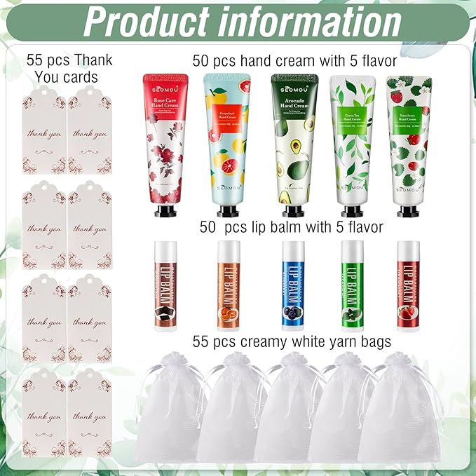 50 Set Bridal Shower Favors for Guests,Hand Cream Bulk and Lip Balm Bulk for Bridal Wedding or Baby Shower Party Gifts for Adults with Organza Bag Thank You Card-VivaGrace Women