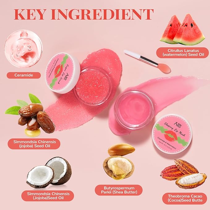 Lip Mask Set, Lip Scrub & Lip Butter, Overnight Lip Treatment Set Enriched With Skin Softening Ceramide & Watermelon and Hydrating Shea Butter, For A Softer & Smoother Pout-VivaGrace Women