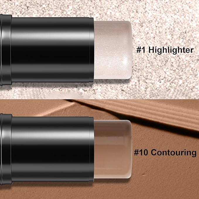 2Pcs Cream Contour Stick Makeup Kit, Cream Highlighter Stick and Bronzer Contour Stick with Longwear Waterproof Formula for Brightening and Trimming the Cheeks, Makeup Brush Include (#01, 10)-VivaGrace Women