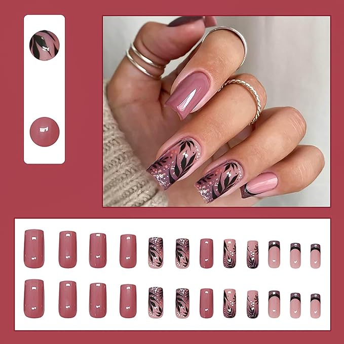 Medium Square Press on Nails Purple French Fake Nails Glitter False Nails with Leaf Designs Full Cover Glue on Nails Sparkly Artificial Nails Cute Stick on Nails for Women 24Pcs