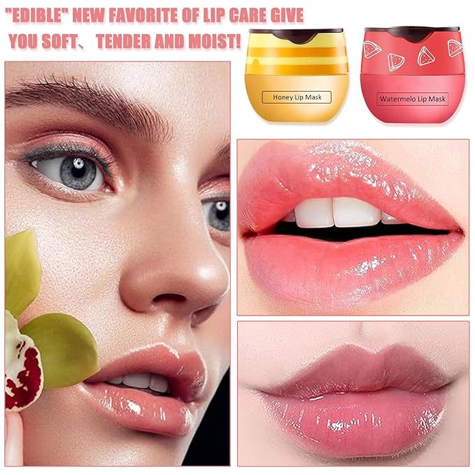 2 PCS Bee Lip Balm Honey Pot,Honey&Watermelon Lip Mask Overnight Moisturizing Prevention Dry and Cracked Lip Scrubs Exfoliator Lip Care,Lip Sleeping Mask Reduces Lip Lines-VivaGrace Women