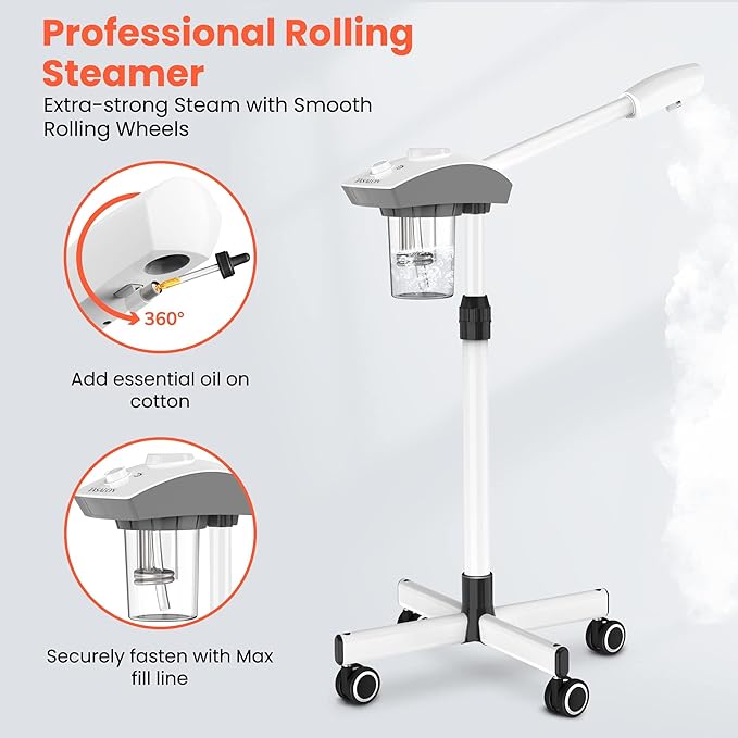 TASALON Professional Facial Steamer Machine on Wheels, Standing Esthetician Steamer with Hot Ozone Mist, Facial Be Used for Skin Rejuvenation, Steamer for Facial Used for Spa or Personal Care, White