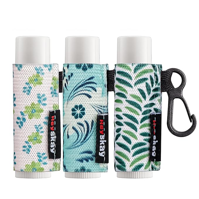 3PCS Lip Balm Holder Lip Gloss Sleeves Keychain Lipstick Holder Keychain Chapstick Elastic Sleeves Bulk(Green Print Flower X3)-VivaGrace Women