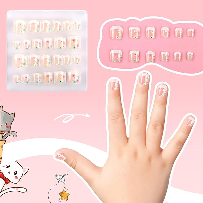 Kids Press on Nails Children Fake Nails 72PCS Artificial Nail Tips Adhesive Full Cover Short False Fingernails for Girls Kids Nail Decoration (French Donut Heart)