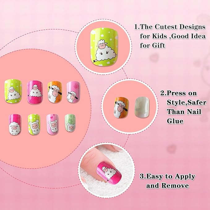 JANYUN 96 Pcs Kids False Nails - Full Cover Short False Nails Lovely Gift for Children