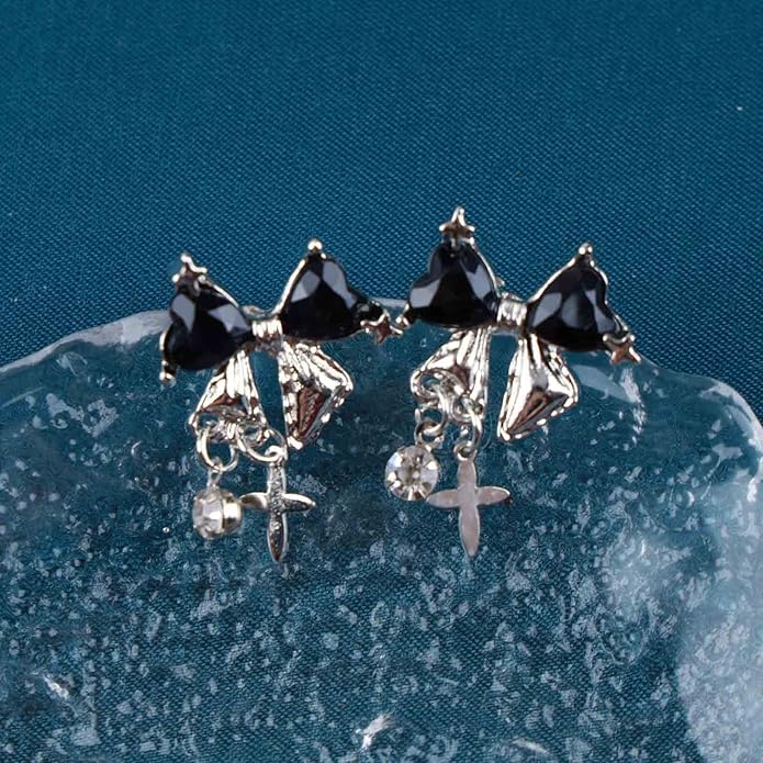 Vintage Crystal Bow Earrings Black Onyx Stud Earrings Silver Tiny Cross Drop Earrings Sparkly Cz Rhinestone Bow Earrings Jewelry for Women-VivaGrace Women