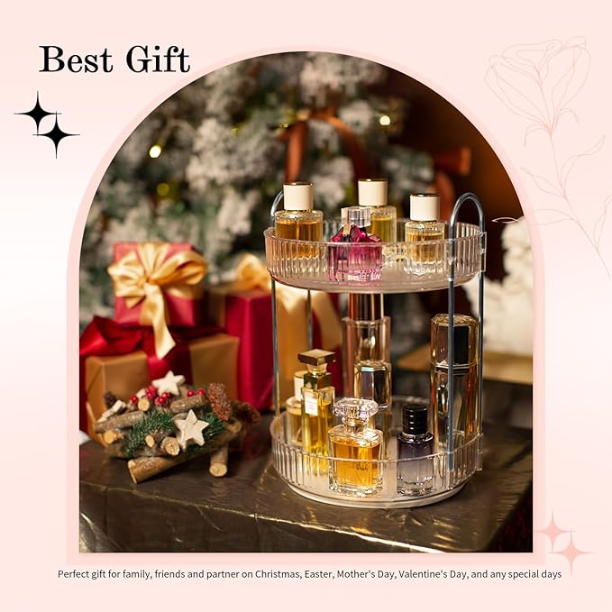 Rotating Makeup Organizer, 360° Spinning Makeup Storage Holder Rack, Dresser Bathroom Organizer Countertop, Large Capacity Perfume Skincare Lipstick Organizer for Vanity.(2 Tiers, Transparent)-VivaGrace Women