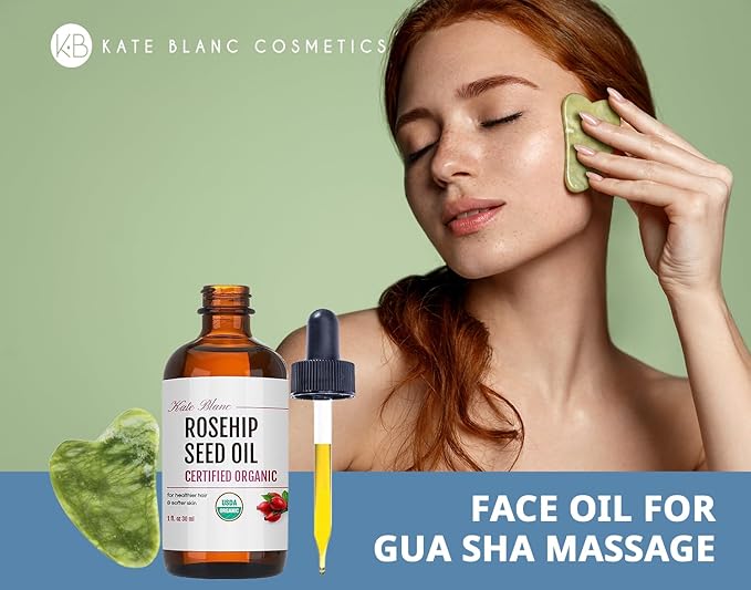 Kate Blanc Cosmetics Rosehip Oil for Face with Jade Gua Sha Stone (1oz, Organic, Pure, Cold Pressed) Rosehip Seed Face Oil for Gua Sha Massage-VivaGrace Women