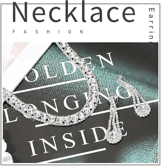 Yean Bride Silver Necklace Earrings Set Rhinestone Bridal Wedding Jewelry Sets Crystal Choker Necklace for Women (Set 3)-VivaGrace Women