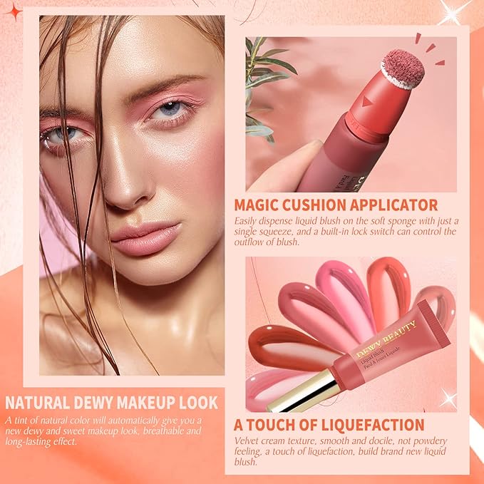 Liquid Blush Makeup Wand, Cream Liquid Blush with Cushion Applicator For Cheeks Tint, Natural-looking, Glow Dewy Finish, Weightless Blendable Liquid Blush Stick | #106 ELEGANT-Soft Pink-VivaGrace Women