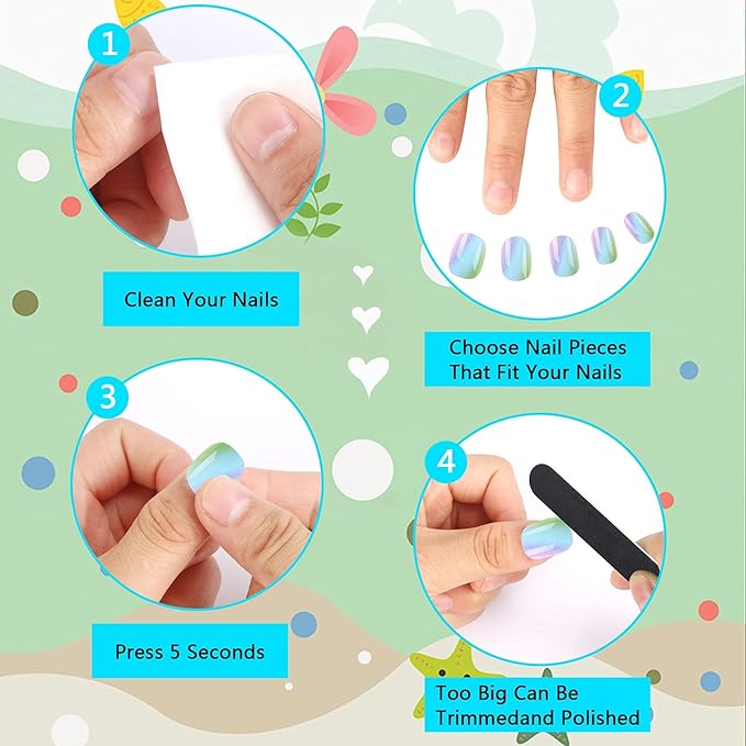 JANYUN 96 Pcs Kids False Nails - Press On, Full Cover, Short Nails in Blue Theme for Little Girls' Nail Art Decoration