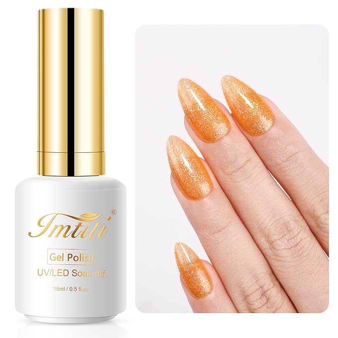 Imtiti Gel Nail Polish, 1 Pcs 15ml Translucent Glitter Coral Orange Color Soak Off UV LED Nail Gel Polish Nail Art Starter Manicure Salon DIY at Home Nail Lamp Needed